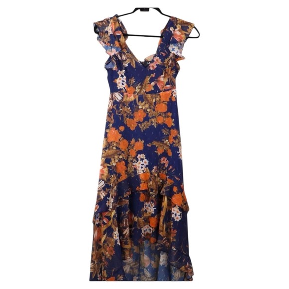 Lulus Maxi Dress Womens XS Navy Blue Stunning Favorite Floral Ruffled High-Low - Picture 1 of 4